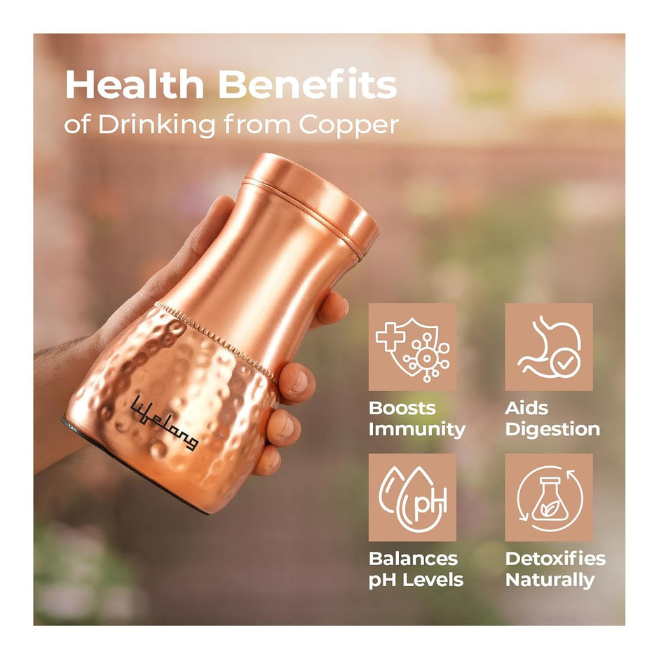 Lifelong Premium  Pure Copper -Plain Bed Side Jar Pot Elegant and Stylish Water Bottle 1L