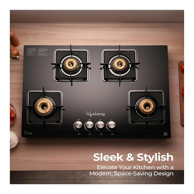 Lifelong 4 Burner Hob Gas Stove – Auto Ignition, Toughened Glass Top (LLHT008)