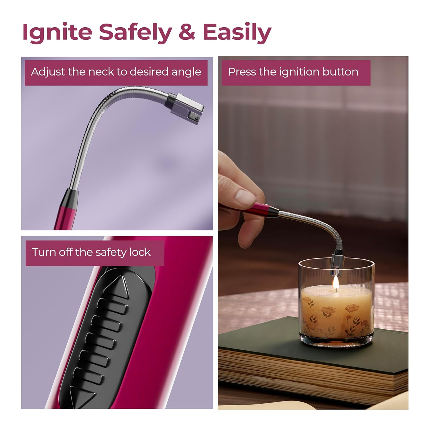Lifelong Rechargeable Electric Lighter for Kitchen | 360Â° Flexible | C-Type USB | Windproof & Flameless | Lighter for Pooja Room, Candles, BBQ, Multi-Purpose | Stainless Steel & ABS (Red)