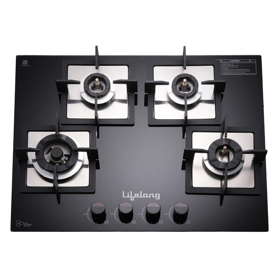 Lifelong 4 Burner Built-In Hob | 8mm Thick Toughened Glass | 360° Multidirectional Gas Inlet