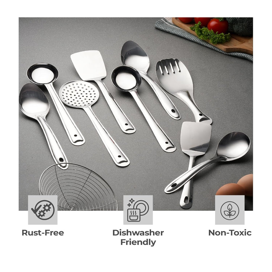Lifelong Stainless Steel Cooking Utensils Set |10 Pieces Serving Spoon Set for Kitchen | Contains Ladle, Turner, Strainer, Rice Spoon,Oval Spoon & Serving Spoon |Kitchen Cooking Essential Set for Home