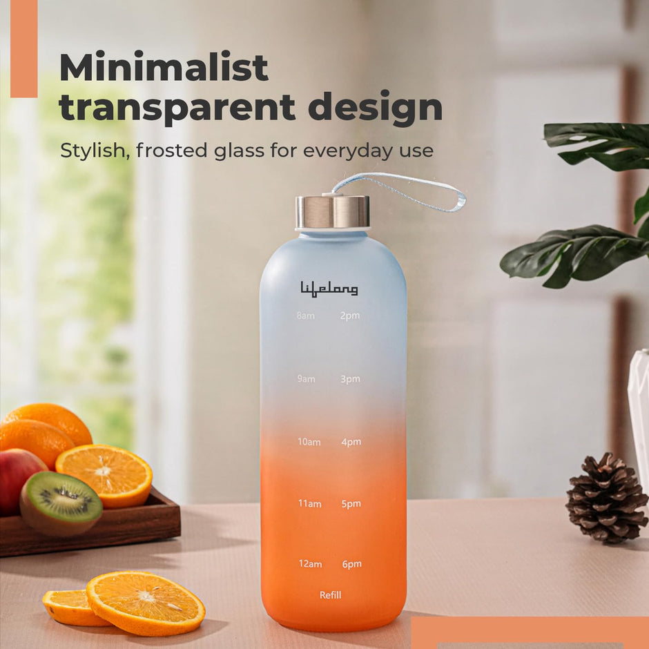 Lifelong Glass Water Bottle 1000ml | Colorful Frosted Bottles for Kitchen Fridge | BPA Free, Odour-Free Water Bottle with Secure Cap | Bottle for School, Travel, Gym Work (LLBTGL02)