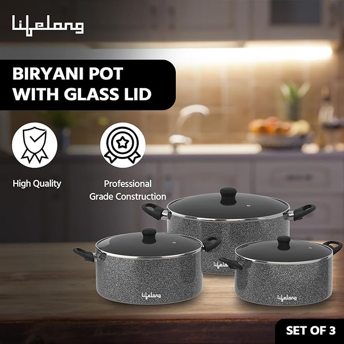 Lifelong Biryani Pot Set of 3 with Glass Lids – Non-Stick, Non-Toxic Induction Base Casserole Cookware