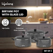 Lifelong Biryani Pot Set of 3 with Glass Lids – Non-Stick, Non-Toxic Induction Base Casserole Cookware