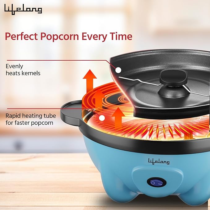Lifelong Electric Popcorn Maker – Non-Stick, Oil Use, Serving Bowl Lid (LLEPM09)