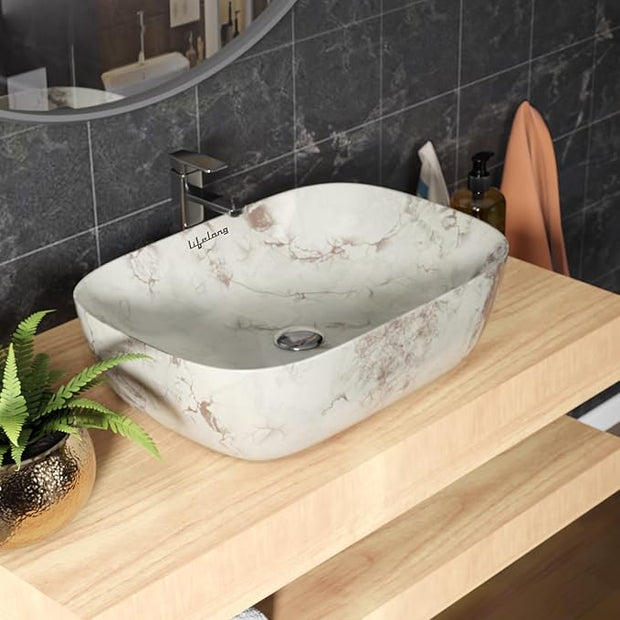 Ceramic Tabletop Wash Basin – Glossy Round Countertop Sink (White Brown)