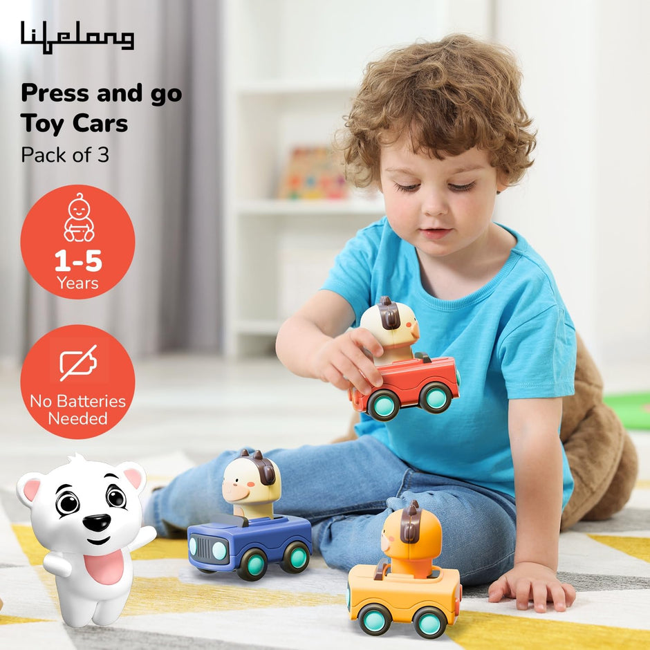 Lifelong Cuppy Animal Press & Go Toy Cars | Friction-Powered Pack of 3 for Kids