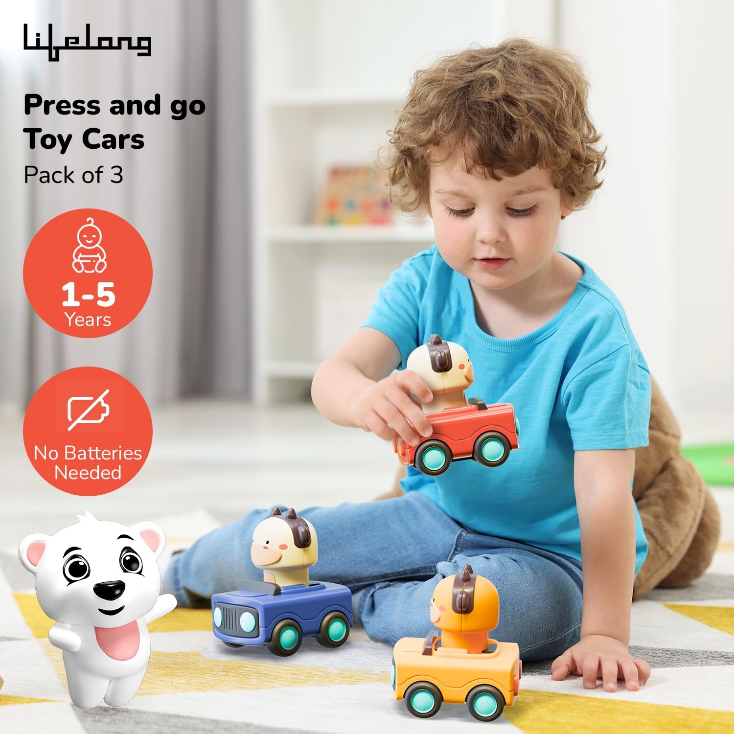 Lifelong Cuppy Animal Press & Go Toy Cars | Friction-Powered Pack of 3 for Kids