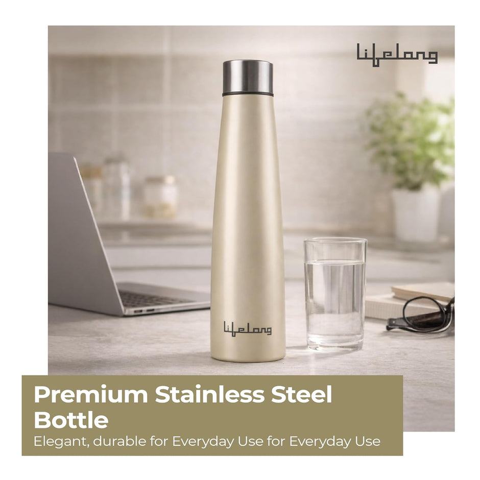 Lifelong Stainless Steel Water Bottle Combo of 2 | Durable, Leak-Proof, Rust Free | Easy-to-Clean & Odour-Free with Secure Cap | Ideal for School, Travel, Gym & Work (Beige â€“ 900ml, Silver â€“ 750ml)