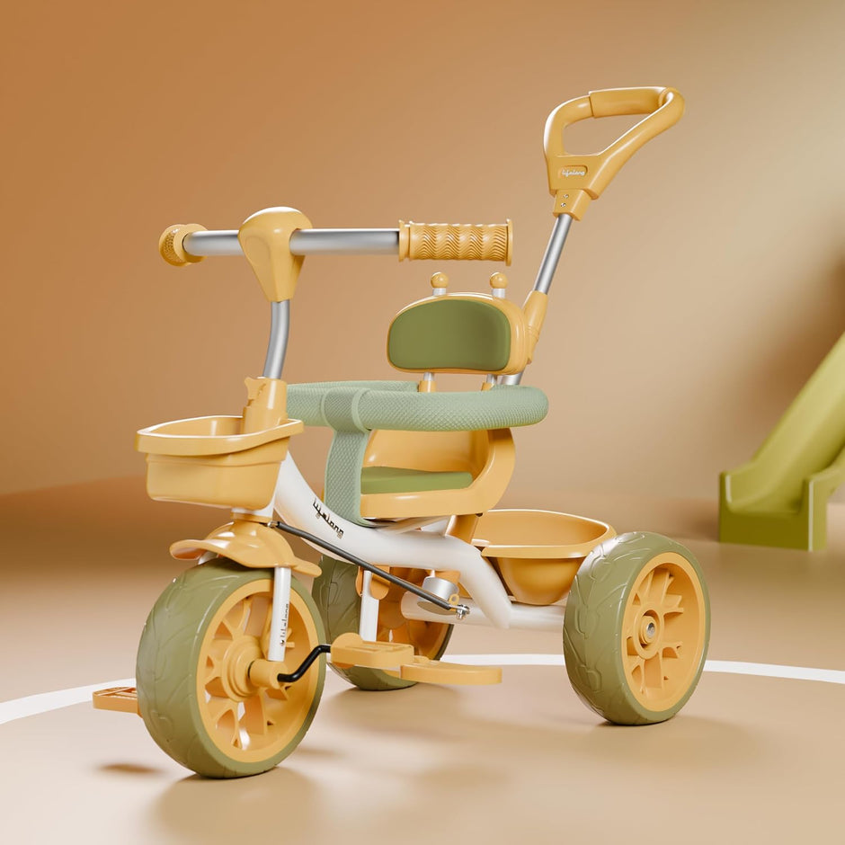 Lifelong Kids Harness Tricycle with Parental Control, EVA Wheels, Bell & Storage Basket – Baby Trike for 1–4 Years (25kg Capacity, White/Yellow)