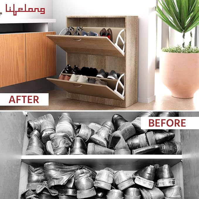 Lifelong Wooden Shoe Rack – 2 Flip Drawer Space-Saving Organizer, Oak Finish