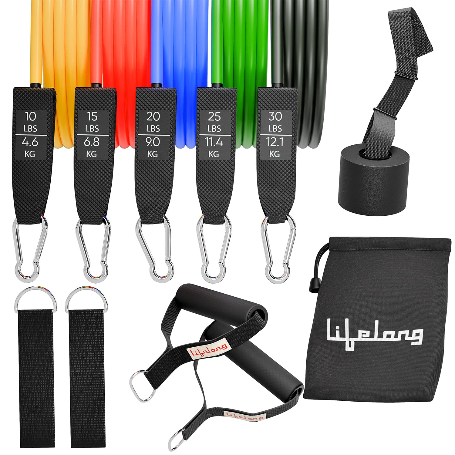 Lifelong Resistance Tubes Set of 5 | from Light to Very Heavy Resistance Level - 4.6 to 40 KG* | Toning Tube Kit with Foam Handles, Door Anchor, Ankle Strap, and Carrying Bag for Exercise, Training Set of 5-10 to 30kg Multicolor