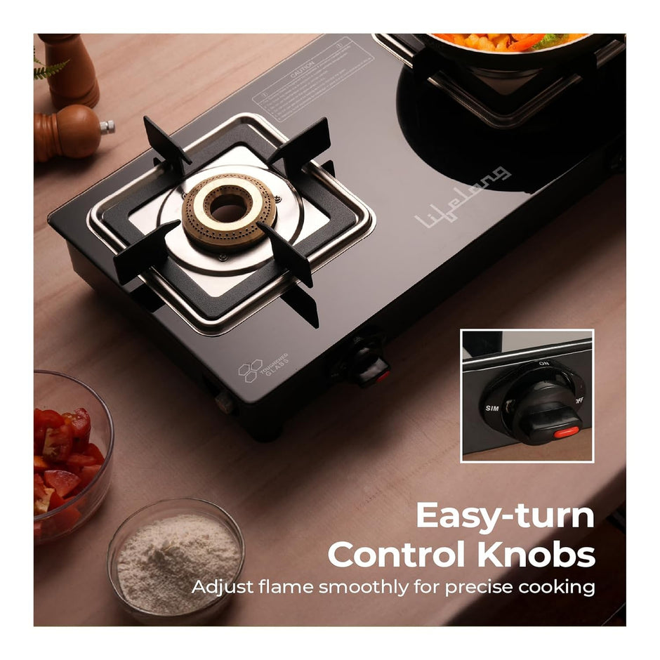 Lifelong 2 Burner Glass Gas Stove – Square Pan Support, ISI Certified, Black