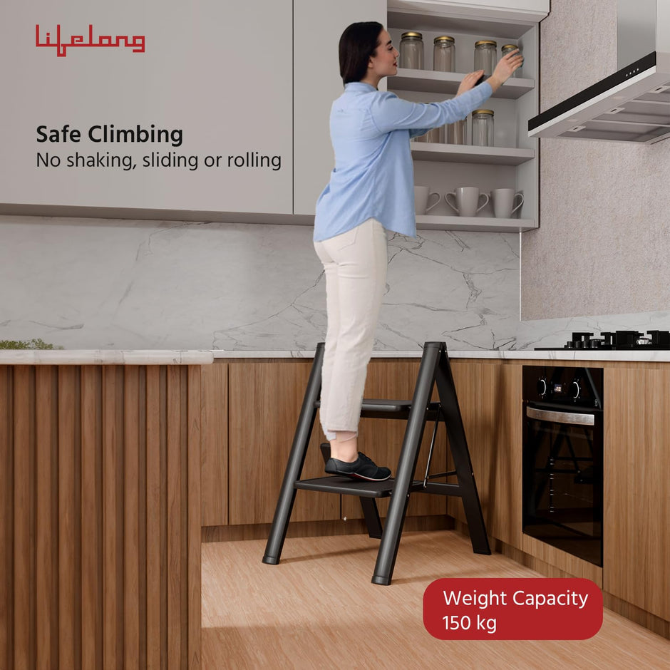 Lifelong 2-Step Steel Ladder – Foldable, Portable Multipurpose Stool, 150Kg Capacity