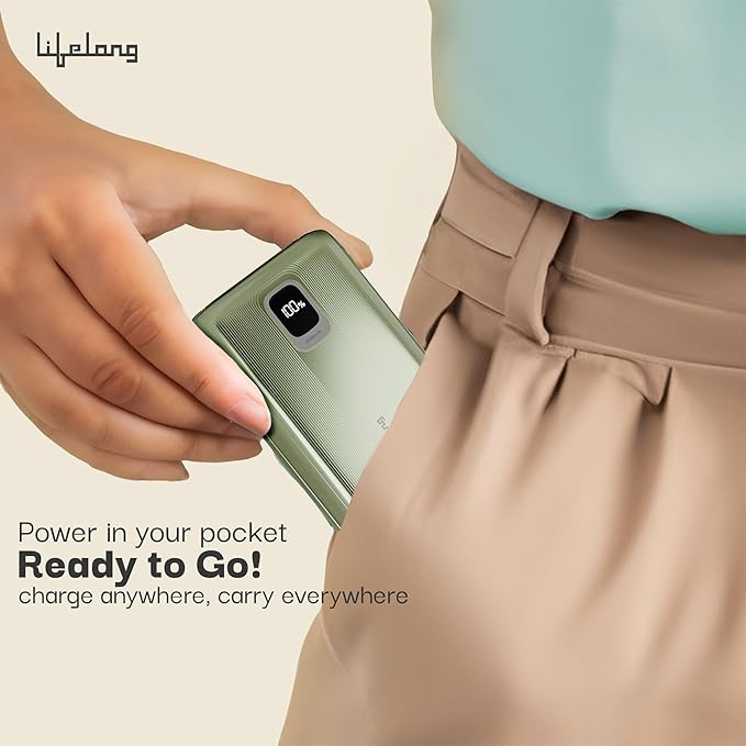 Lifelong 20000mAh Power Bank – 22.5W PD Fast Charging with Digital Display, Type-C Input, 3 Output Ports & Quick Charge 3.0 (Green, Cable Included)