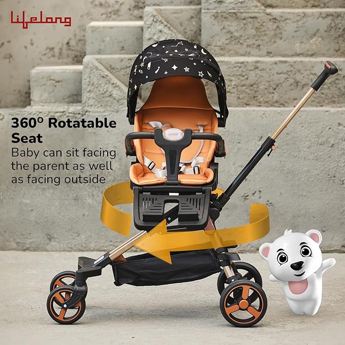 Lifelong Cuppy Baby Stroller – 0–36 Months, 360° Rotating Seat, Safety Certified Lightweight Foldable Pram with Recline & Soft Cushion Seat