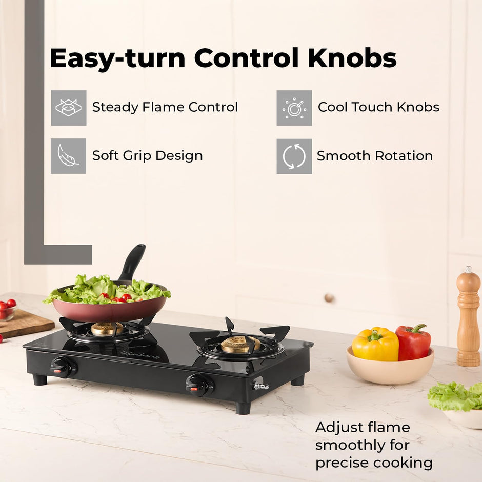 Lifelong 2 Burner Gas Stove for Kitchen | Manual Ignition Cooktop Modern Glass Stove for Modular Kitchen, ISI Certified & Compatible with LPG - 1 Year Manufacturer's Warranty (Black, LLGSD03)