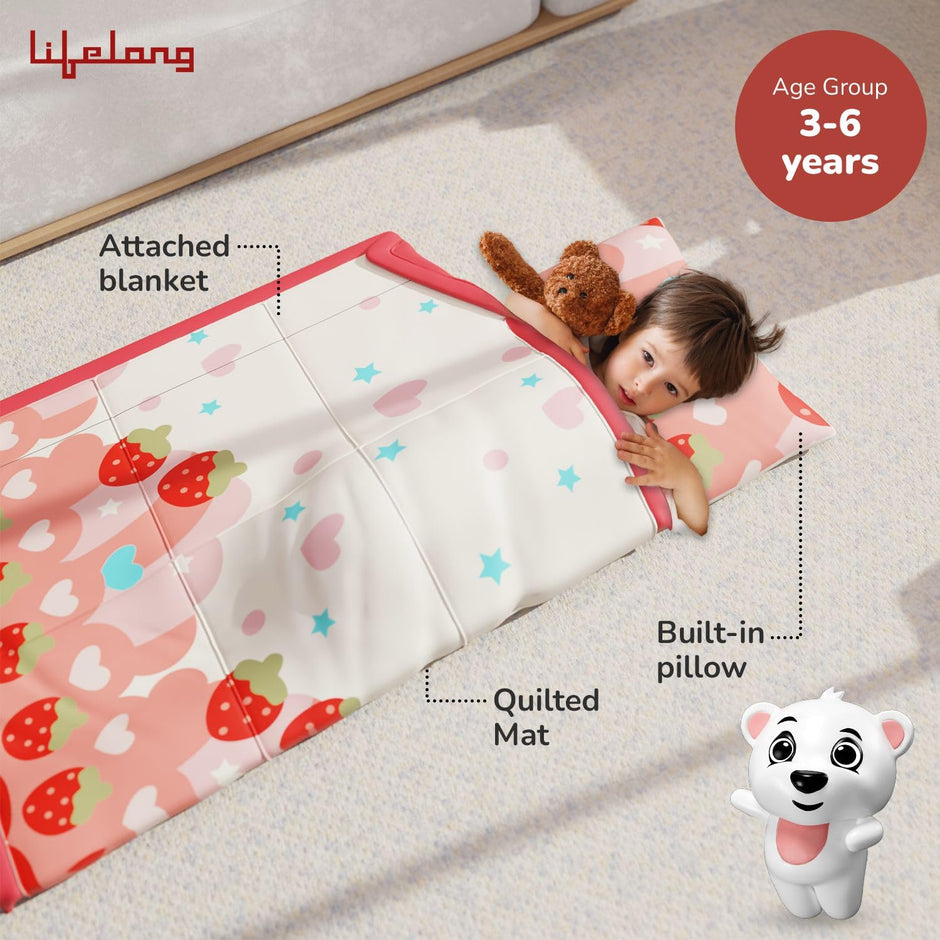 Lifelong Cuppy Kids Toddler Nap Mat with Inbuilt Pillow | Soft Microfiber Sleeping Bag with Carry Handle & Roll-Up Design