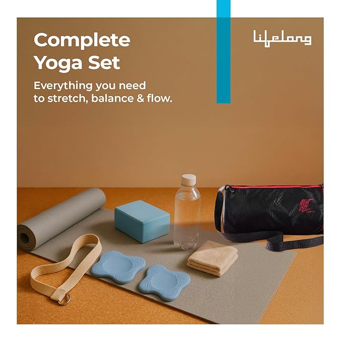 Lifelong Yoga Combo Set of 6 – 4mm Yoga Mat, 6ft Belt, Yoga Block, 2 Knee Pads & Gym Bag for Men & Women