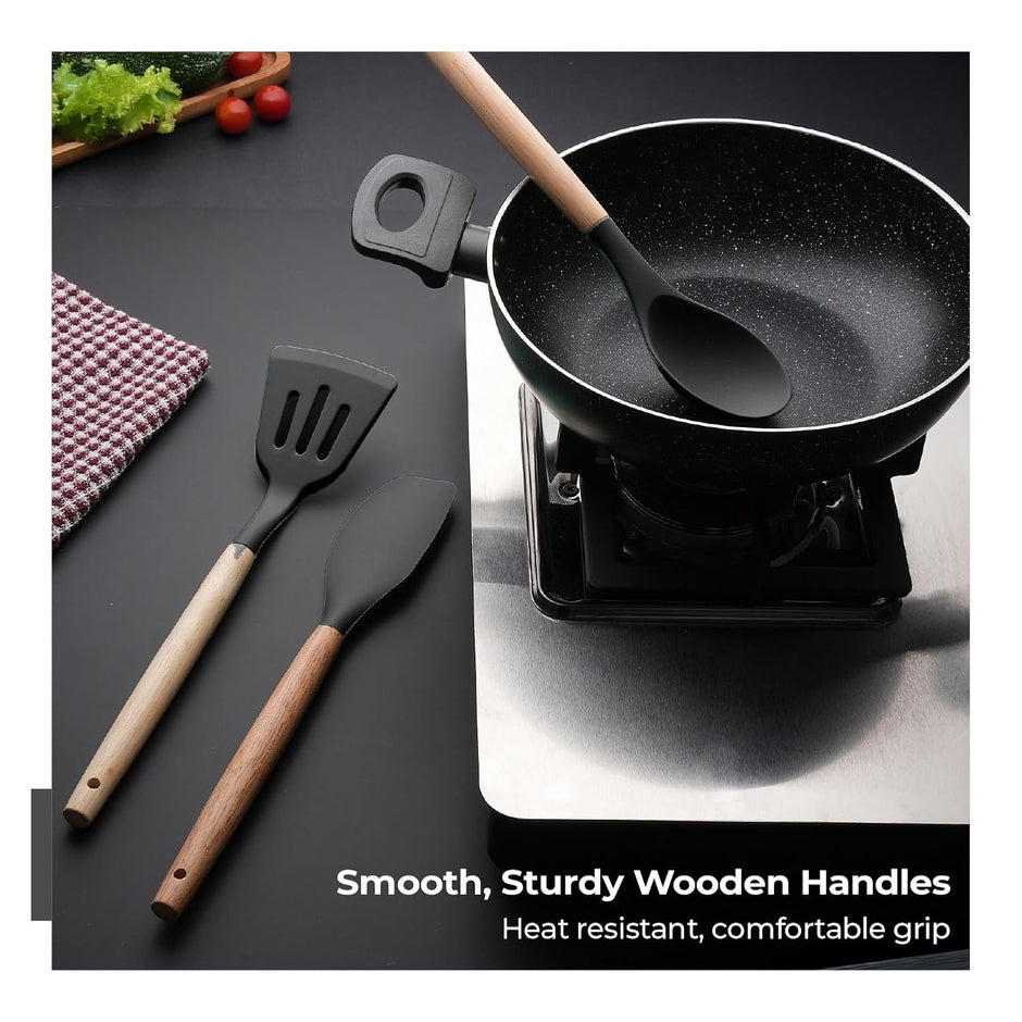 Lifelong Non-Stick Silicone Spatula Set | Set of 3-Spoon Spatulas, Slotted Turner, and Soup Ladle | Dishwasher Safe, Silicone Spatulas with Wooden Handle for Serving & Cooking | (LLCTSLW03,Black)