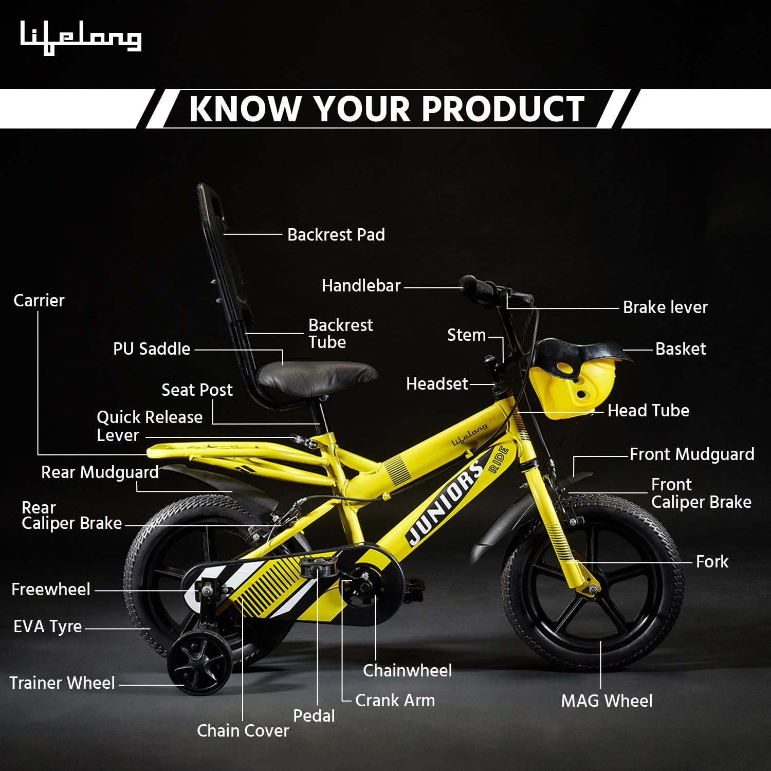 14T Kids Cycle with Balance Wheels – Bike for Boys & Girls 2–5 Years (Juniors Ride, Yellow)