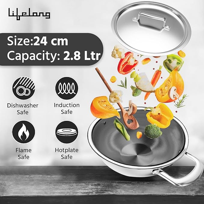 Triply Stainless Steel Deep Kadai with Lid – 2.8L, 24 cm
