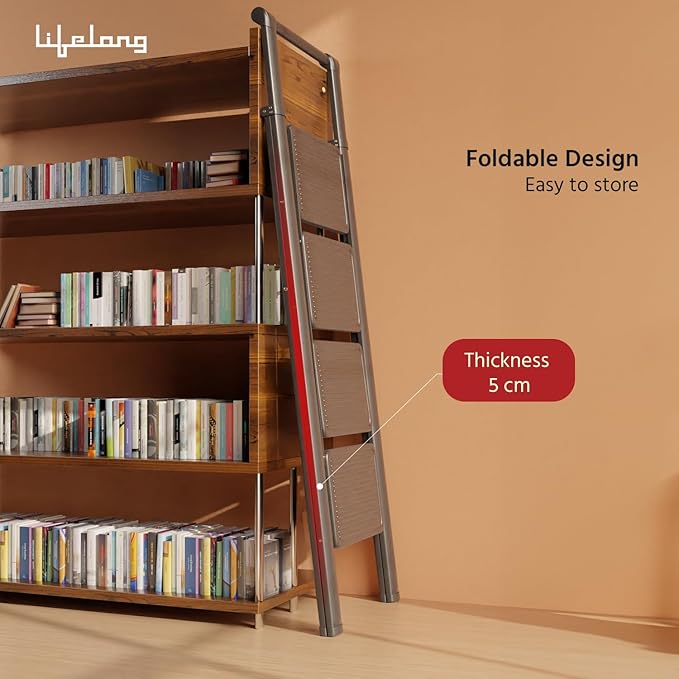 Lifelong 4 Step Steel Ladder with Handle, Foldable Portable Stool for Home, Kitchen & Office Use