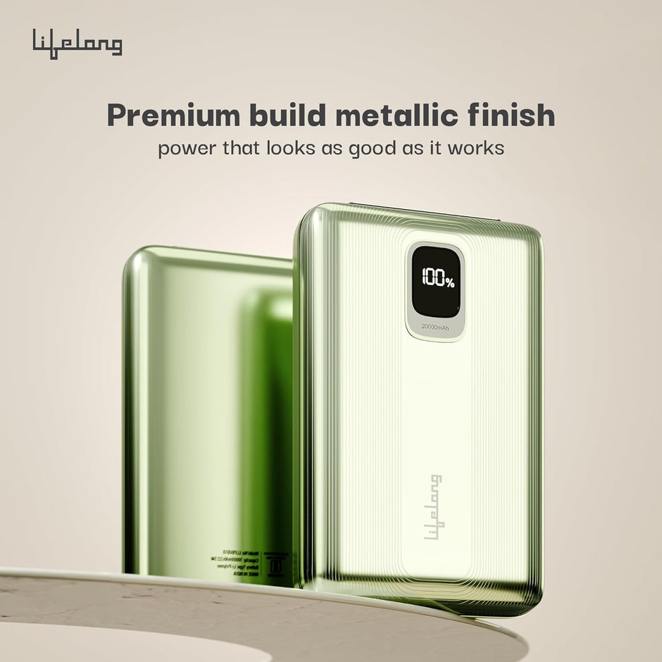 Lifelong 20000mAh Power Bank – 22.5W PD Fast Charging with Digital Display, Type-C Input, 3 Output Ports & Quick Charge 3.0 (Green, Cable Included)
