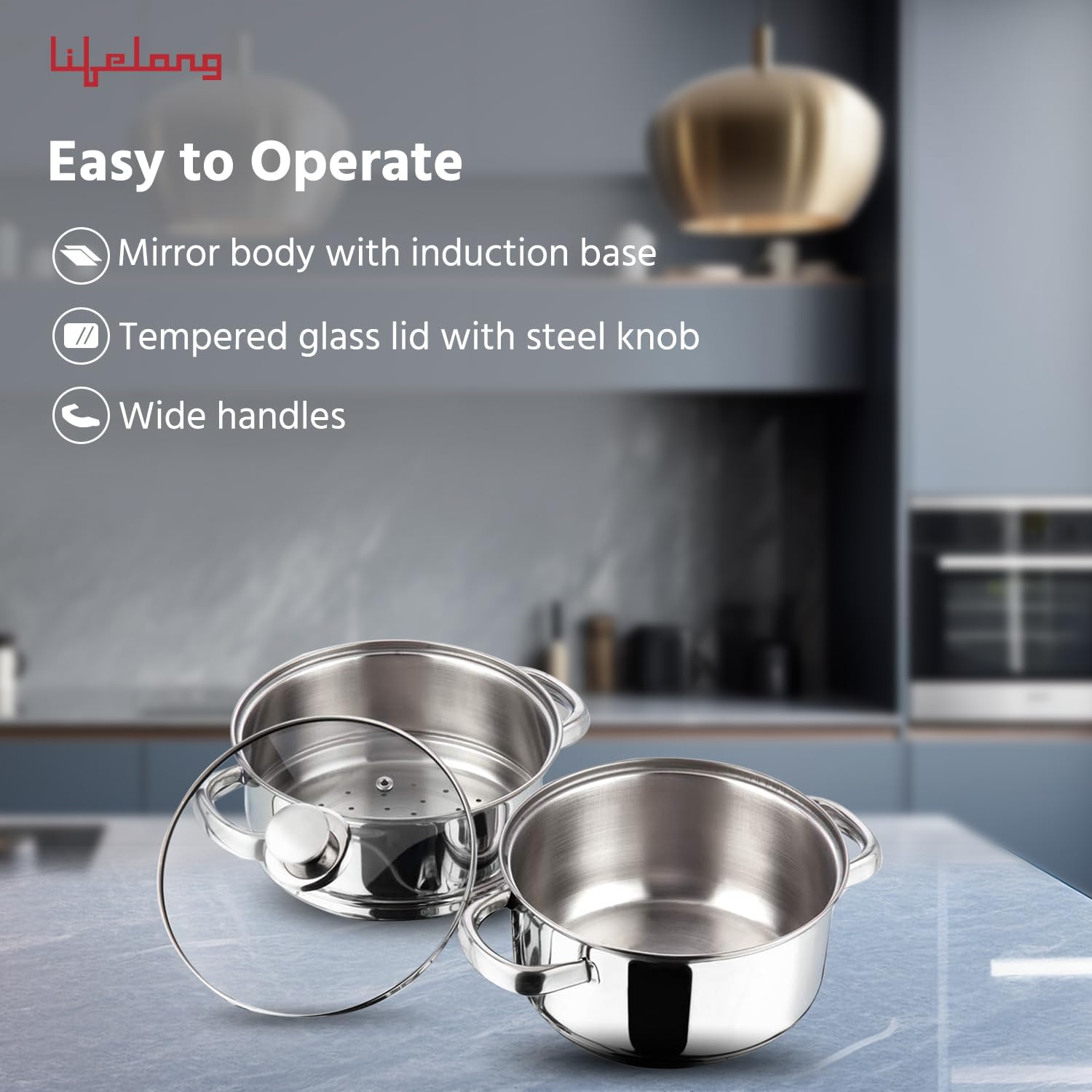 Lifelong 2-Tier Stainless Steel Steamer – 20cm Momo & Modak Maker with Glass Lid, Riveted Handles, Sandwich Bottom, Induction & Gas Compatible
