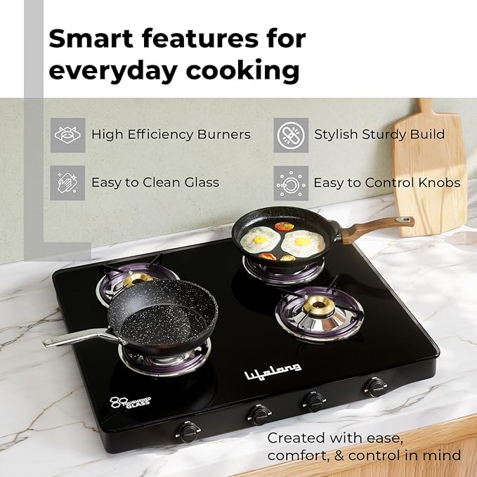 Lifelong 4 Burner Gas Stove with Free Gas Saver – ISI Certified Manual Ignition Glass Top Cooktop, LPG Compatible, Modern Design for Modular Kitchen