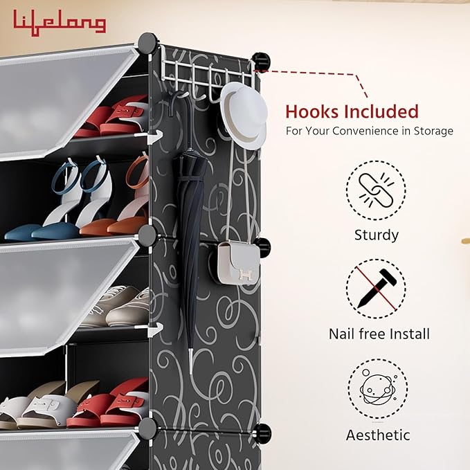 Lifelong 3-Tier Modular Plastic Shoe Rack with Flip Drawers – Space-Saving Dust-Free Shoe Cabinet with Side Hooks, DIY Assembly for Entryway, Hallway & Bedroom