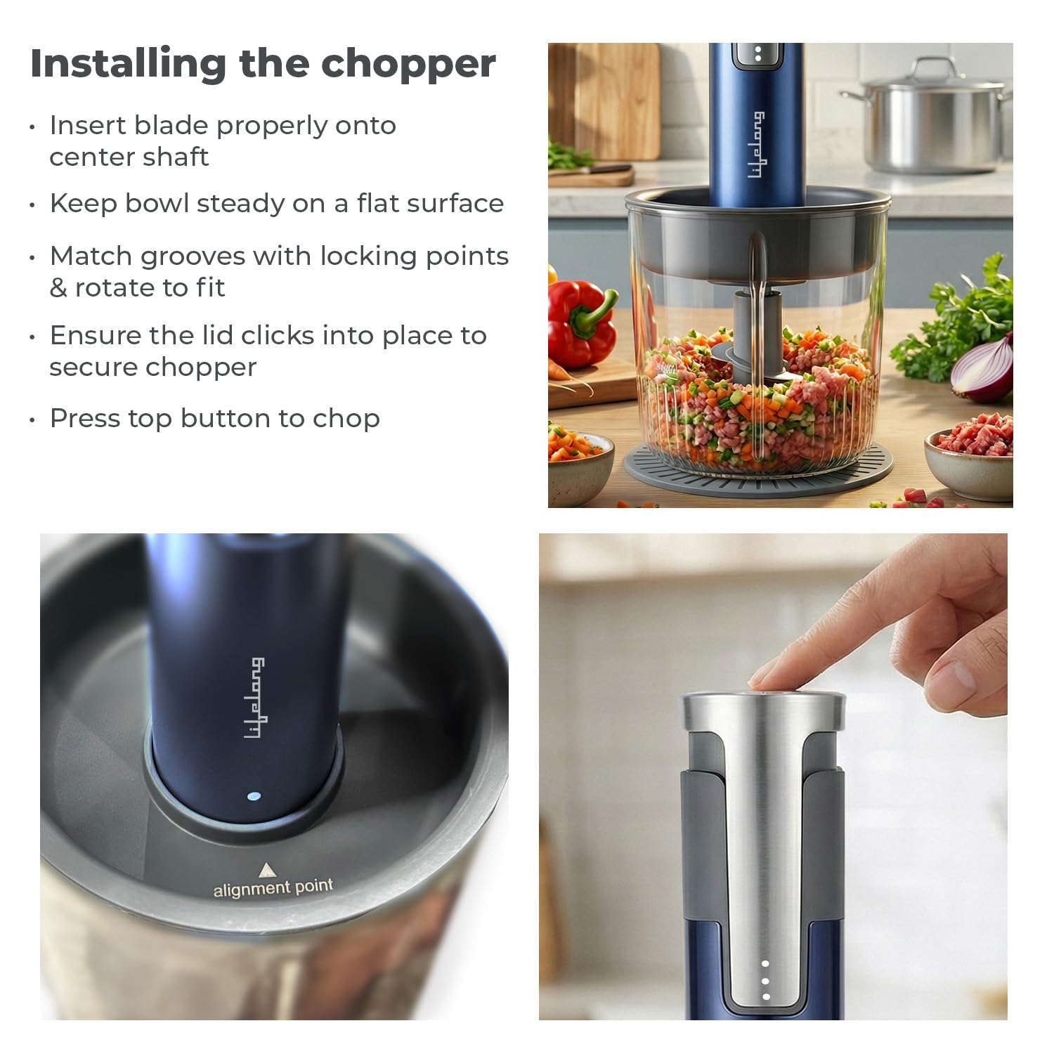 Lifelong Rechargeable Electric Chopper 2000mAh, 800ml Glass Bowl, SS Blades