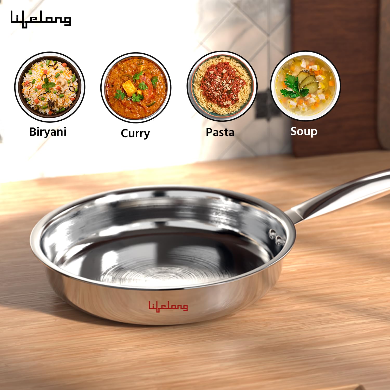 Tri-Ply Stainless Steel Fry Pan – 22 cm, 1.25L (Silver)