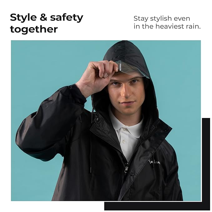 Lifelong Men’s Waterproof Reversible Raincoat with Hood & Mobile Pocket – Black XXL