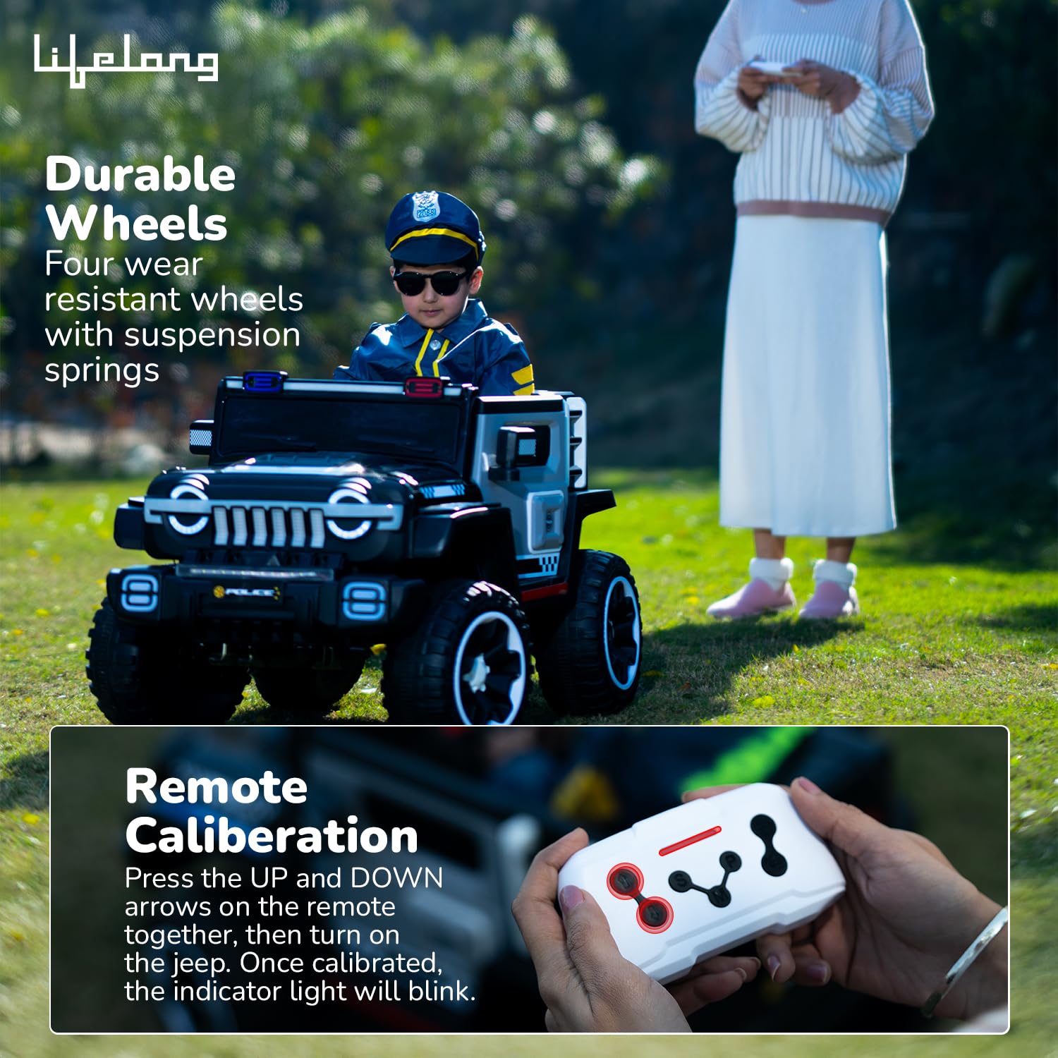 Lifelong Cuppy Electric Ride-On Police Big Car – Rechargeable Battery Jeep with Music, Mic & LED Lights for Kids 2+