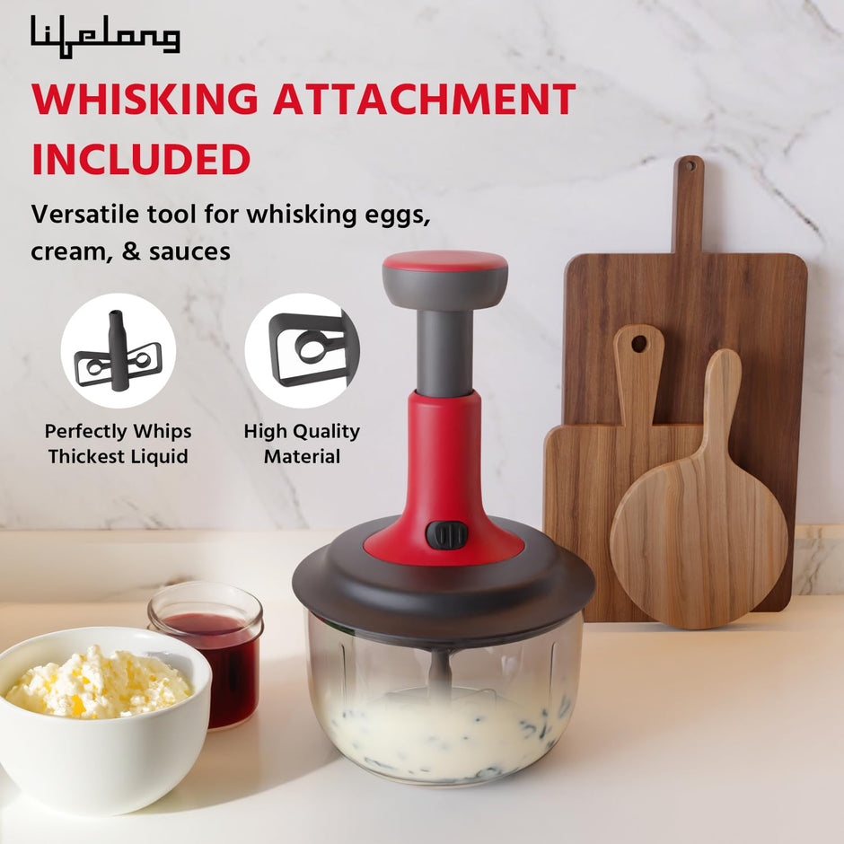 Lifelong Push Chopper 1600ml with Whisker | Versatile Multi-Purpose Vegetable, Onion, and Garlic Chopper, Ideal Manual Kitchen Cutter for Effortless Food Preparation(LLKT001,Red) 1600 ml with Whisker