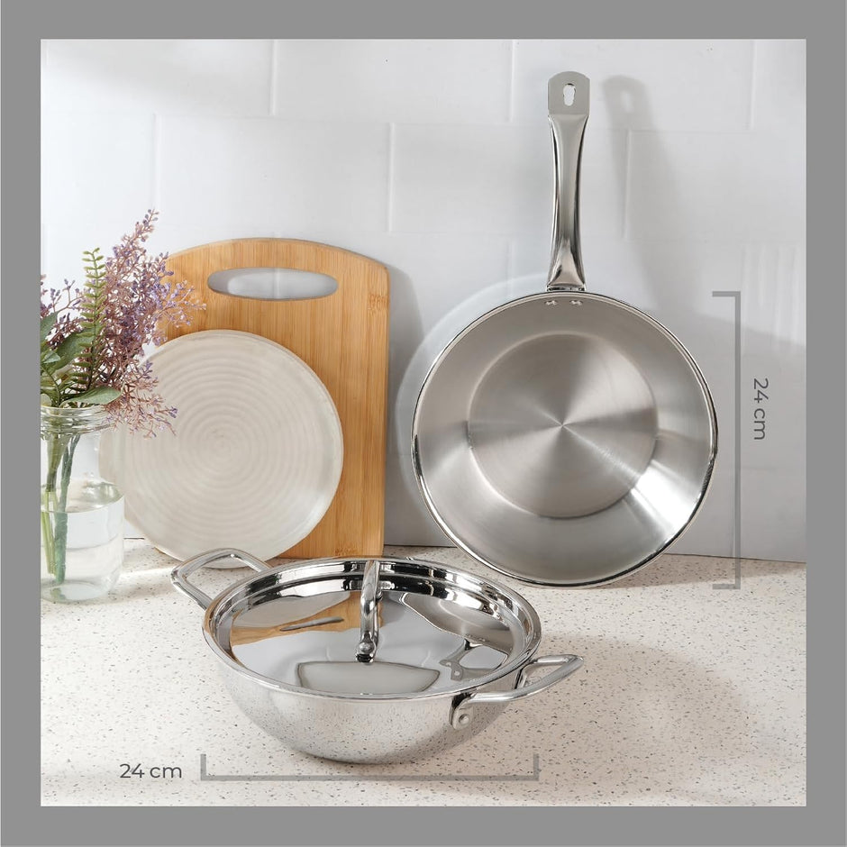 Lifelong Triply Cookware Combo – 24cm Fry Pan (1.5L) & 24cm Kadhai (2.5L) with Steel Lids, Soft Touch Handles, Induction & Gas Compatible (Silver, 2 Pcs)