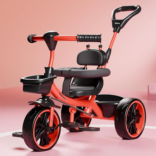 Lifelong Kids Harness Tricycle with Parental Control, EVA Wheels, Bell & Storage Basket – Baby Trike for 1–4 Years (25kg Capacity, Red/Black)