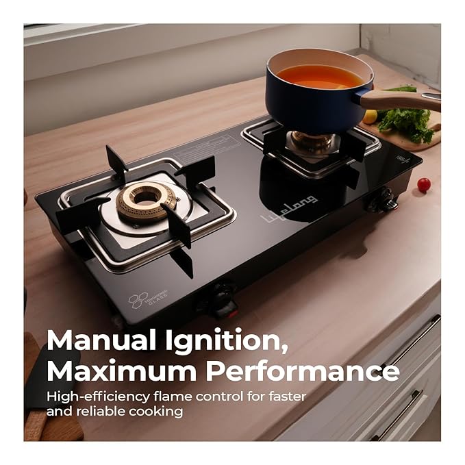 Lifelong 2 Burner Glass Gas Stove – Square Pan Support, ISI Certified, Black
