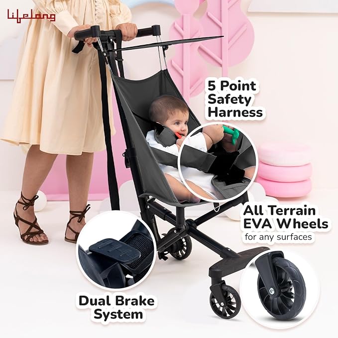 Lifelong Cuppy Baby Stroller | Lightweight Foldable Travel Pram for Kids | Cabin-Friendly with 5-Point Safety Harness, Adjustable Canopy & Storage Basket (20kg Capacity)