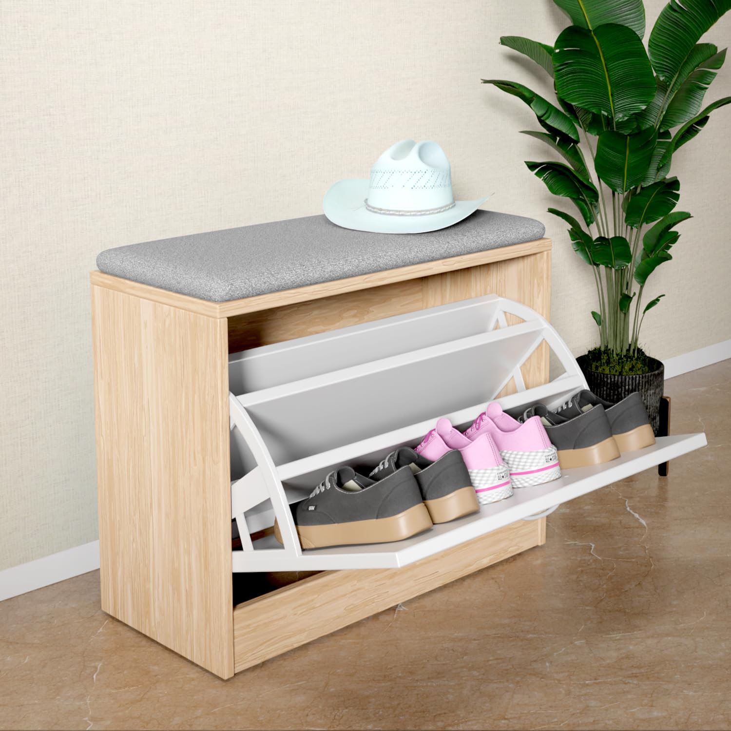 Lifelong Wooden Shoe Rack with Cushioned Seat for Home Entryway
