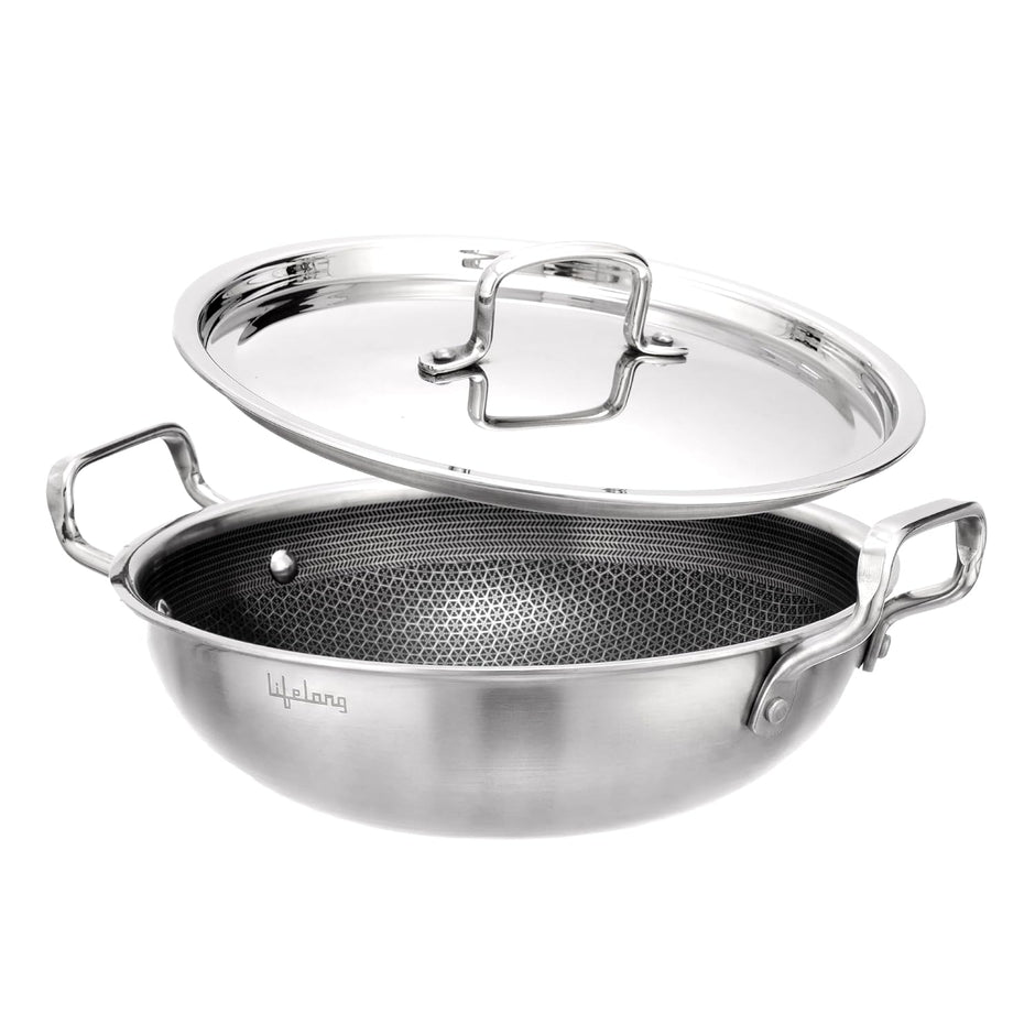 Lifelong Triply Honeycomb Kadhai 26 Cm | Extra Deep Stainless Steel | 3-Layered Nonstick Coating