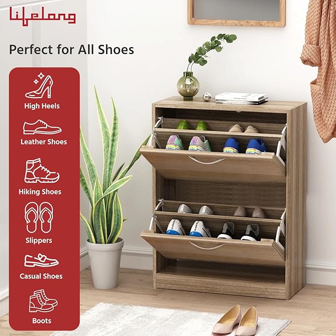 Lifelong Wooden Shoe Rack – 2 Flip Drawer Space-Saving Organizer, Oak Finish