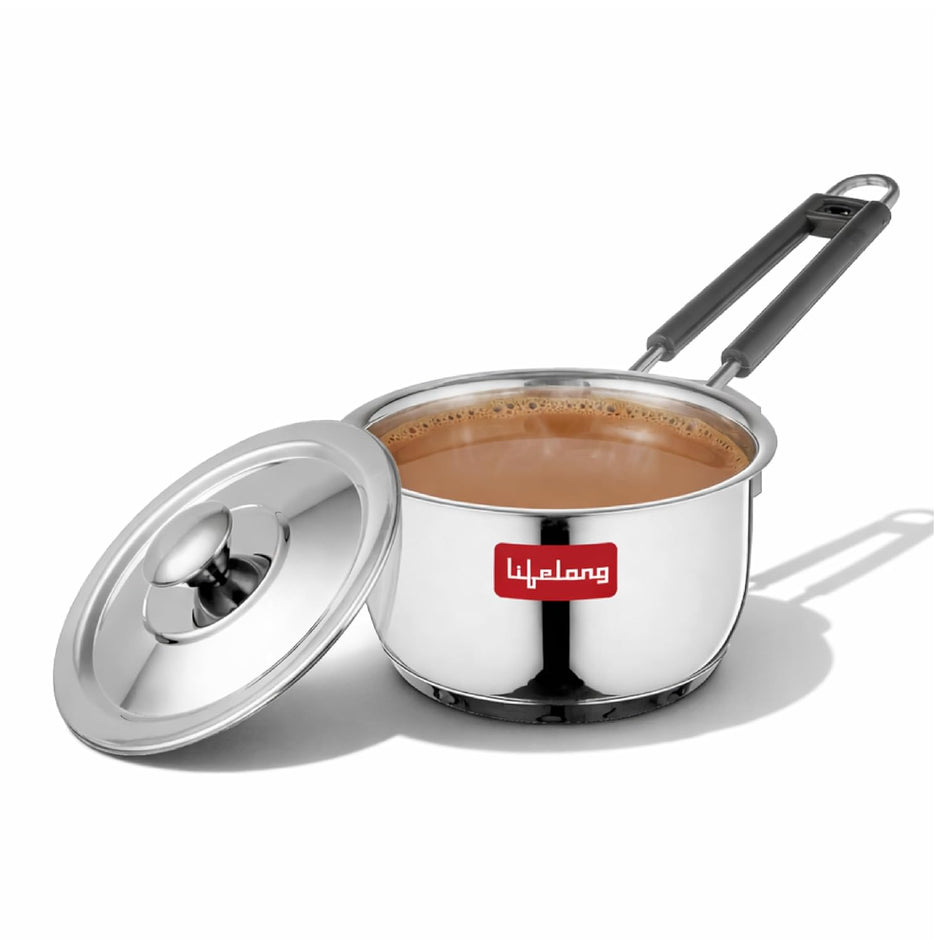 Lifelong Stainless Steel Heavy Bottom Saucepan with Glass Lid | 18cm, 2.25 L | Induction & Gas Stove Compatible | Saucepan with Handle & Knobs | Tea, Milk-Boiling Pot (LLSSP18, Silver), 2250 ml