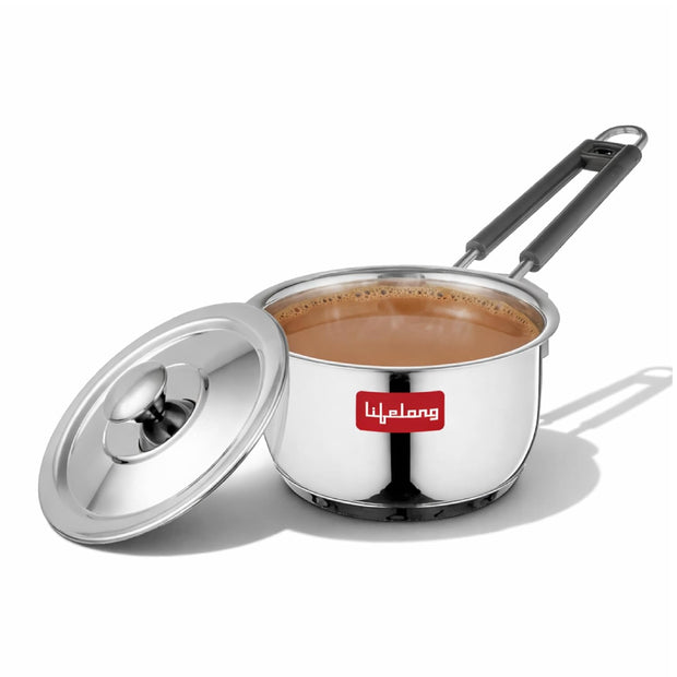 Lifelong Stainless Steel Heavy Bottom Saucepan with Glass Lid | 18cm, 2.25 L | Induction & Gas Stove Compatible | Saucepan with Handle & Knobs | Tea, Milk-Boiling Pot (LLSSP18, Silver), 2250 ml