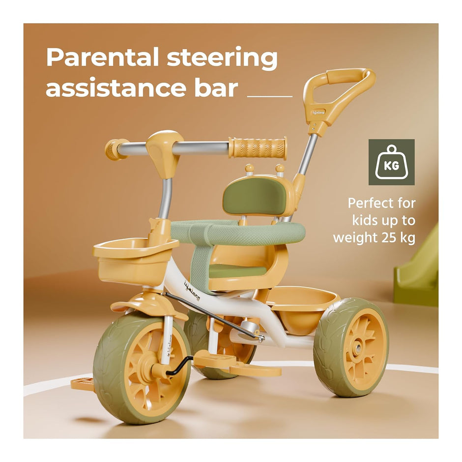 Lifelong Kids Harness Tricycle with Parental Control, EVA Wheels, Bell & Storage Basket – Baby Trike for 1–4 Years (25kg Capacity, White/Yellow)