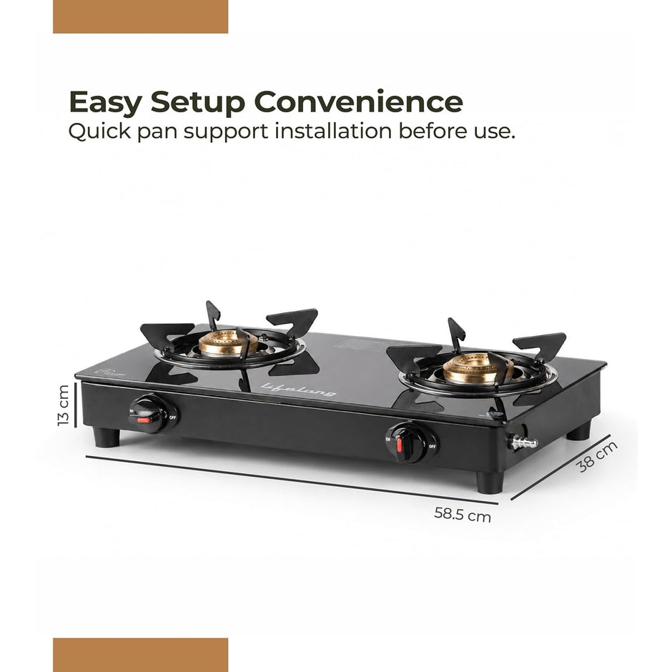 Lifelong 2 Burner Gas Stove Top for Kitchen - Manual Ignition Cooktop Modern Glass Stove for Modular Kitchen, ISI Certified & Compatible with LPG - 1 Year Manufacturer's (Black, LLGS002)