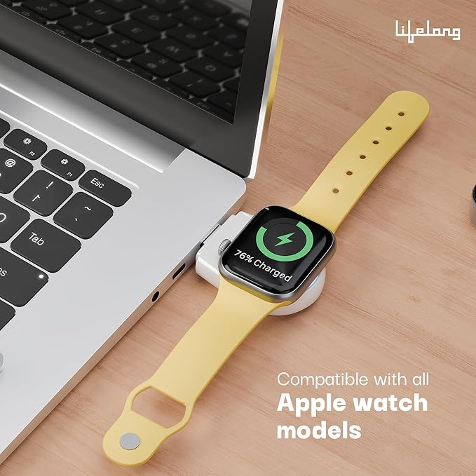 Lifelong iWatch Wireless Charger – Compact USB-A Magnetic Cable-Free Travel Charger, Lightweight & Portable, Compatible with Apple Watch Series 9/8/7/SE/6/5/4/3/2/1 (White)