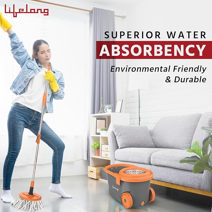 Lifelong 12L Spin Floor Mop Set with 360° Bucket & Microfiber Refills (Orange)