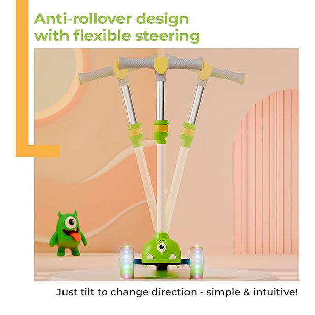 Lifelong Kids Scooter with LED PU Wheels – 4-Level Adjustable Height, Tilt-to-Turn Steering, BIS Certified, 50kg Capacity (Green & Yellow)